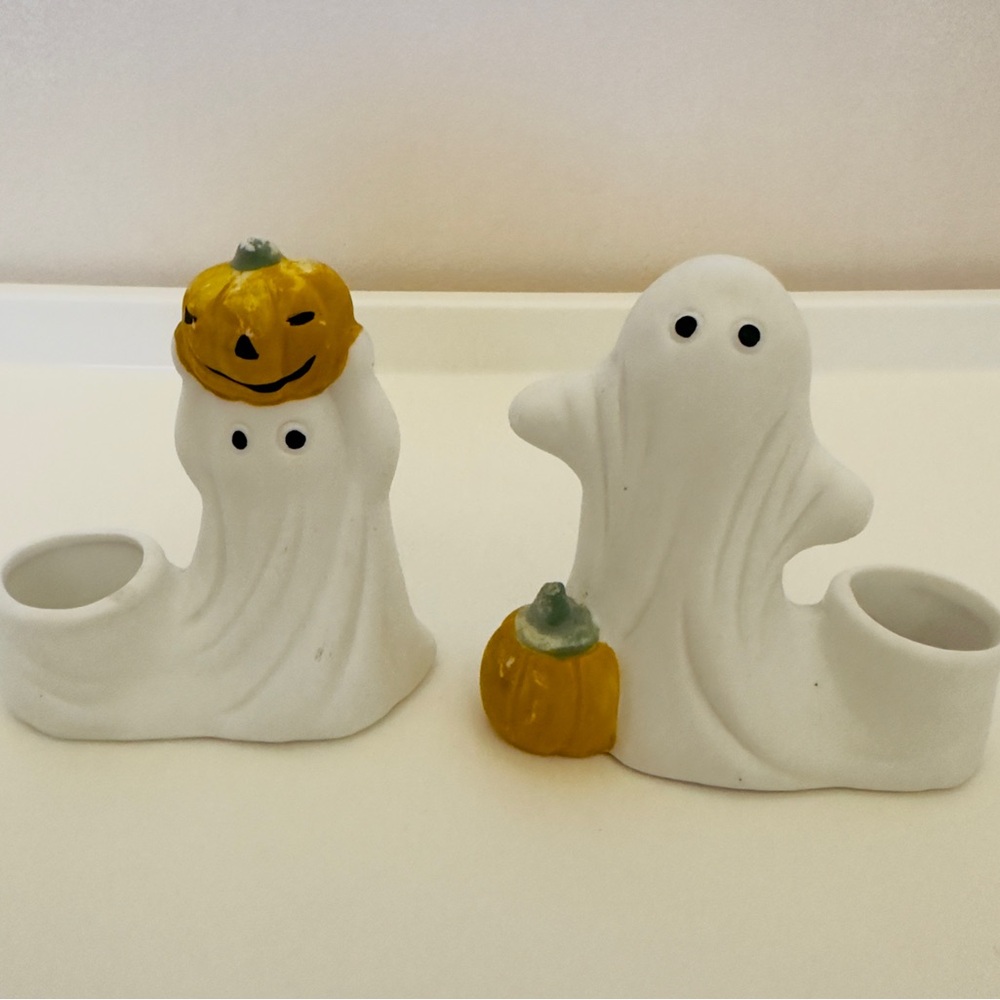 2 Ceramic Ghost Halloween Candle Holders with Pumpkins